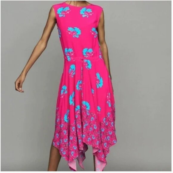 Maje Rushia Dress Midi Sleeveless Handkerchief Hem  Floral Pink Blue Size Large - Picture 4 of 13